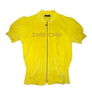 Vtg Y2K Bebe Yellow Short Sleeve Terry Shirt Jacket Rhinestone Logo Sz Medium